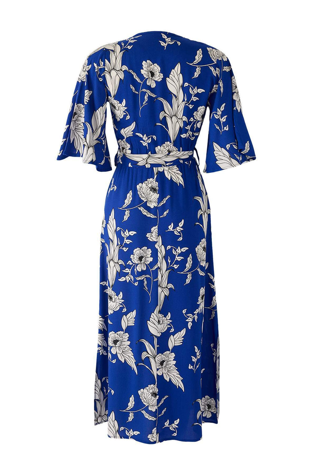 Mavi Kusakl? Cicek Desenli A Kesim Kruvaze Yaka Midi Dokuma Elbise TWOSS24EL00915