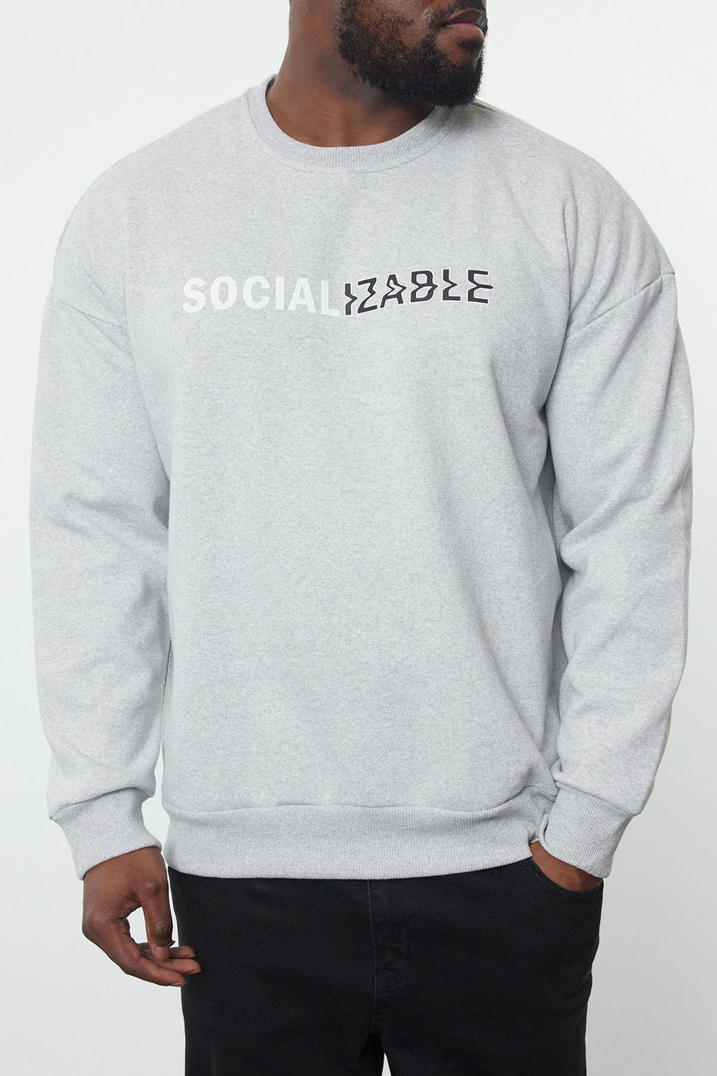 TRENDYOL MAN Antrasit MelanjOversize/Genis Kesim Bisiklet Yaka Yaz? Bask?l? Buyuk Beden Sweatshirt TMNAW25AO00019 - Trendyolmilla фото 2