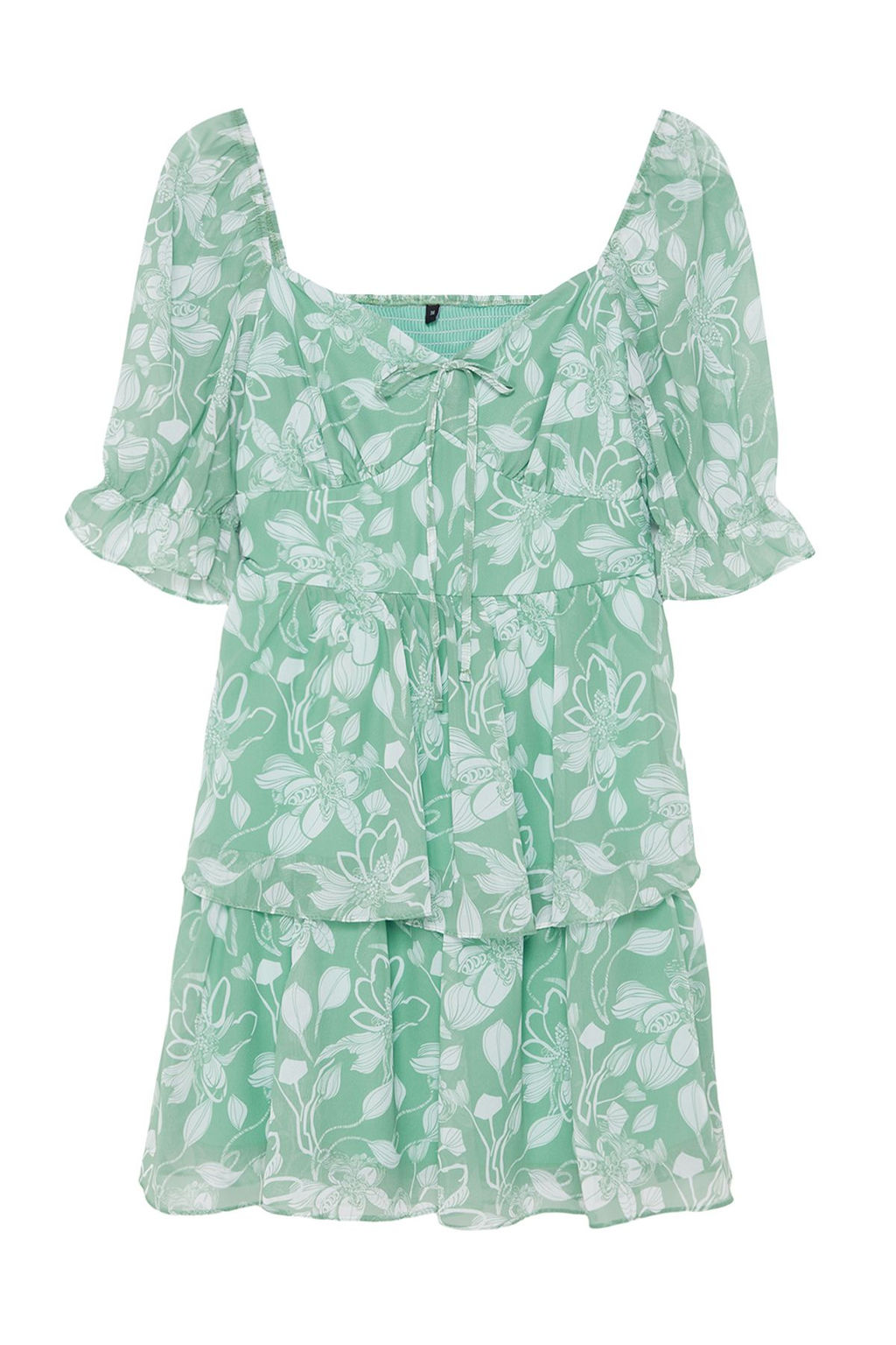 Mint Cicekli Etegi Volanl? Skater/Belden Ac?lan Sifon Mini Astarl? Dokuma Elbise TWOSS22EL2772