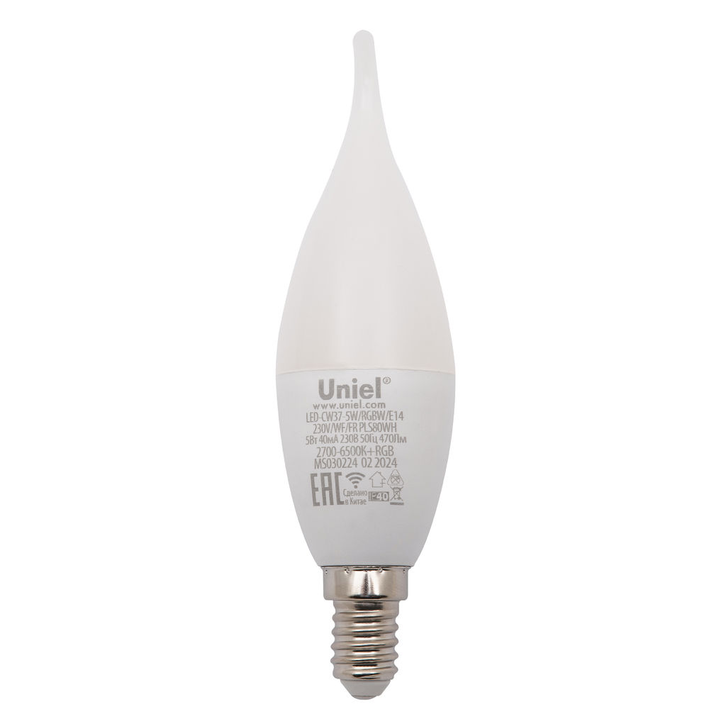 LED-CW37-5W/RGBW/E14/230V/WF/FR PLS80WH Умная лампа светодиодная Wi-Fi+Bluetooth, диммируемая. Форма свеча на ветру, матовая. 2700-6500K+RGB. Голосовое управление+приложение UnielSmart. TM Uniel - Volpe фото 2