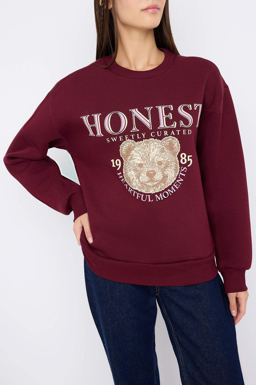 Teen Bordo Kal?n Ici Polarl? Ay?c?k Bask?l? Regular/Normal Kesim Orme Sweatshirt TWOAW26SW00199 - Trendyolmilla фото 3