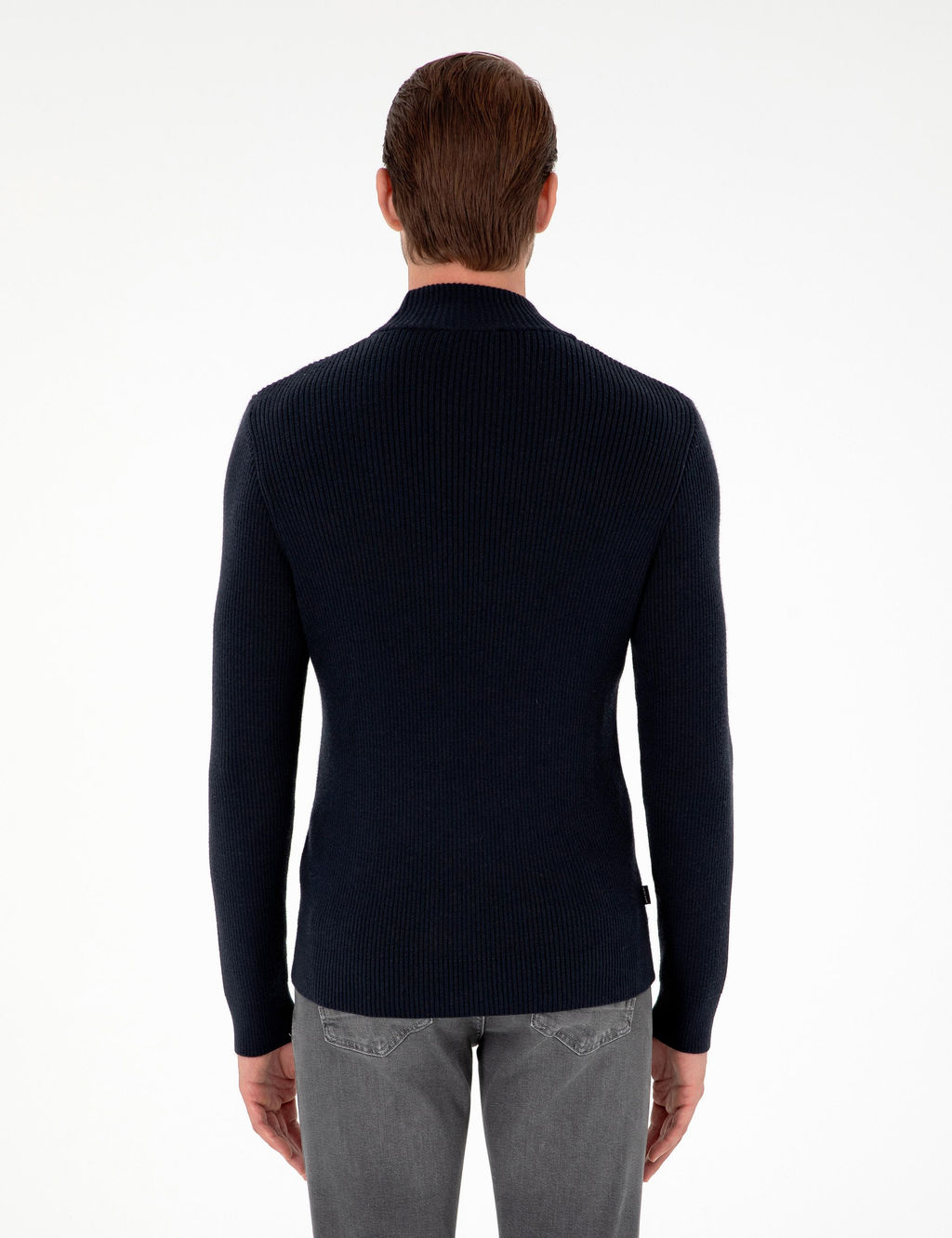 Lacivert Slim Fit Yar_m Bal_k__ Yaka Y_n Kar___ml_ Triko Kazak