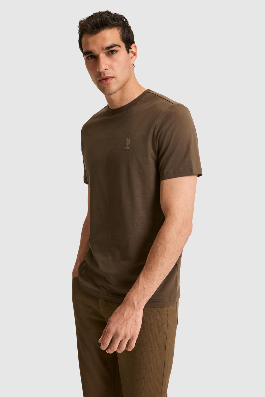 Erkek Regular Fit Bisiklet Yaka Kahverengi Basic Ti__rt