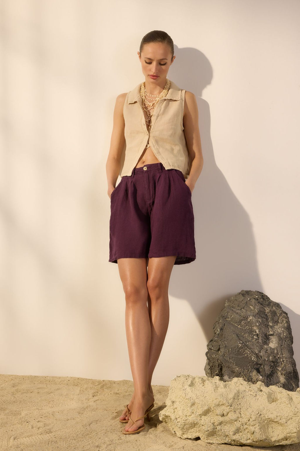 TRENDYOLMILLA Vizon %100 Keten Pileli Yuksek Bel Sort TWOSS24SR00093