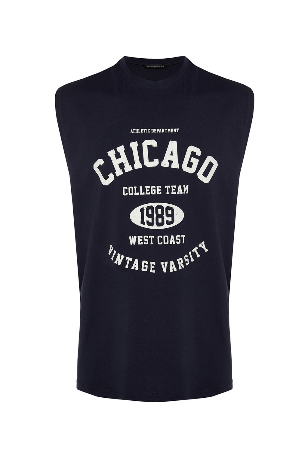 Lacivert Oversize/Genis Kesim Sehir Bask?l? %100 Pamuk Kolsuz T-Shirt/Atlet TMNSS23AL00008