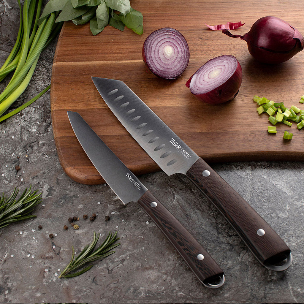 Нож поварской сантоку Katto 15см из нержавеющей стали, s2,3мм, ширина 3,6см, ручка из нержавеющей стали и дерева венге, отверстие для подвешивания, цветная коробка, TalleR (Китай) - Домашняя мода фото 4