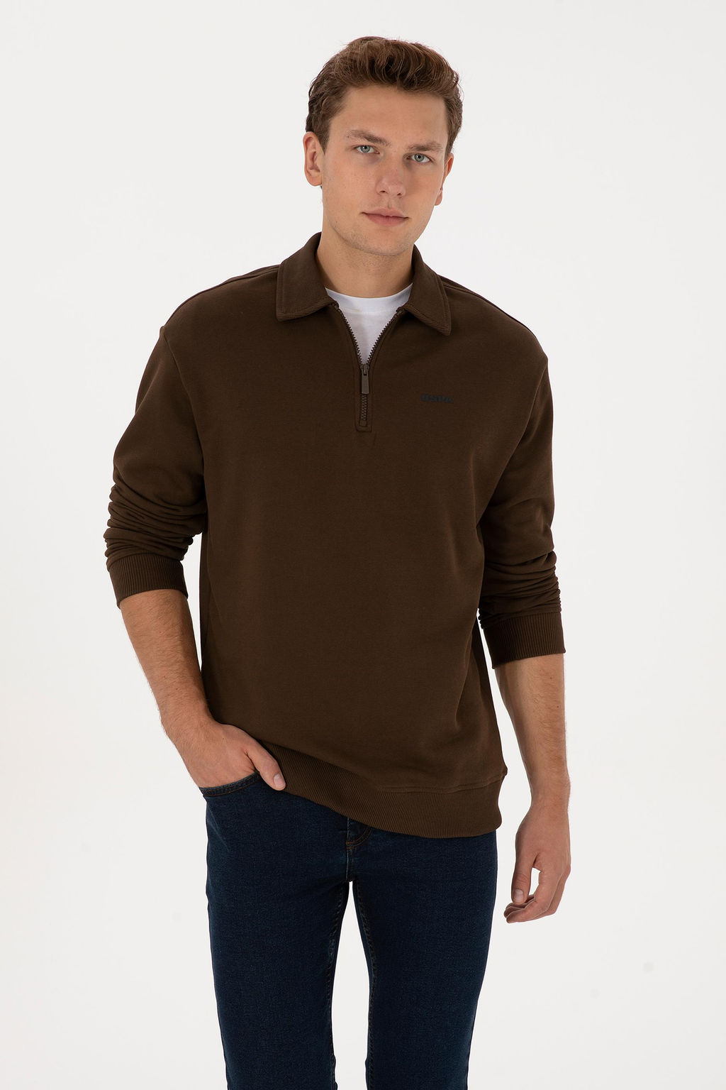 Erkek Regular Fit Yar_m Fermuarl_ Kahverengi Basic Sweatshirt