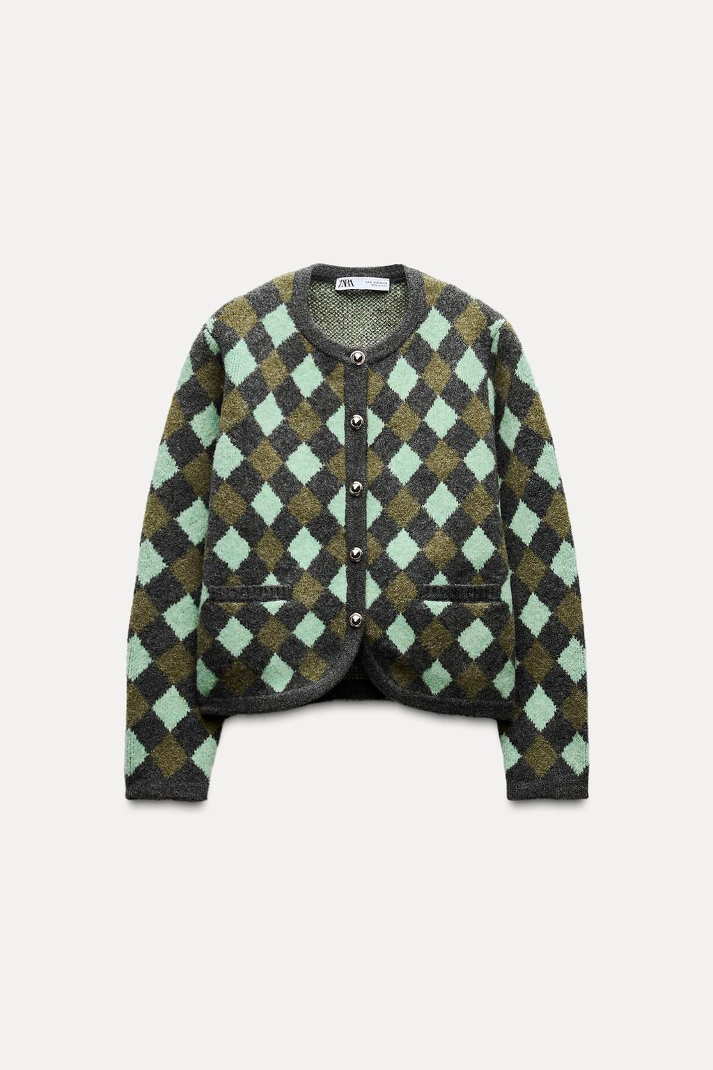 KNIT DIAMOND JACQUARD CARDIGAN - Zara фото 3