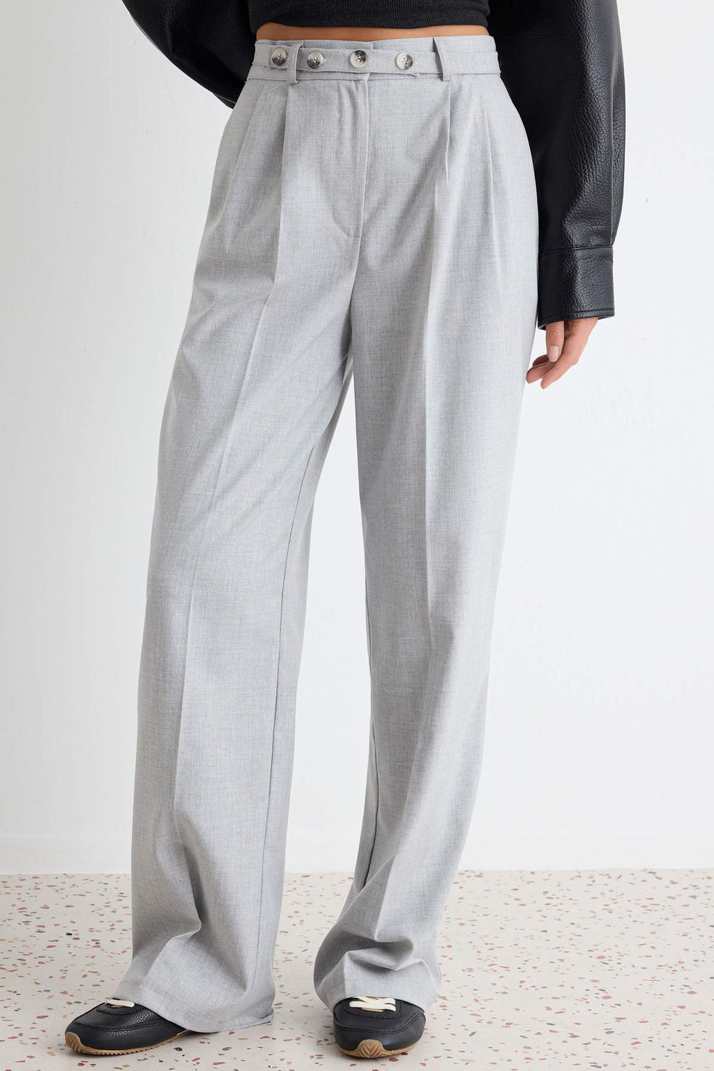 Gri Straight/D_z Kesim Kemer Detayl_ Dokuma Pantolon TWOSS24PL00023 - Trendyolmilla фото 3