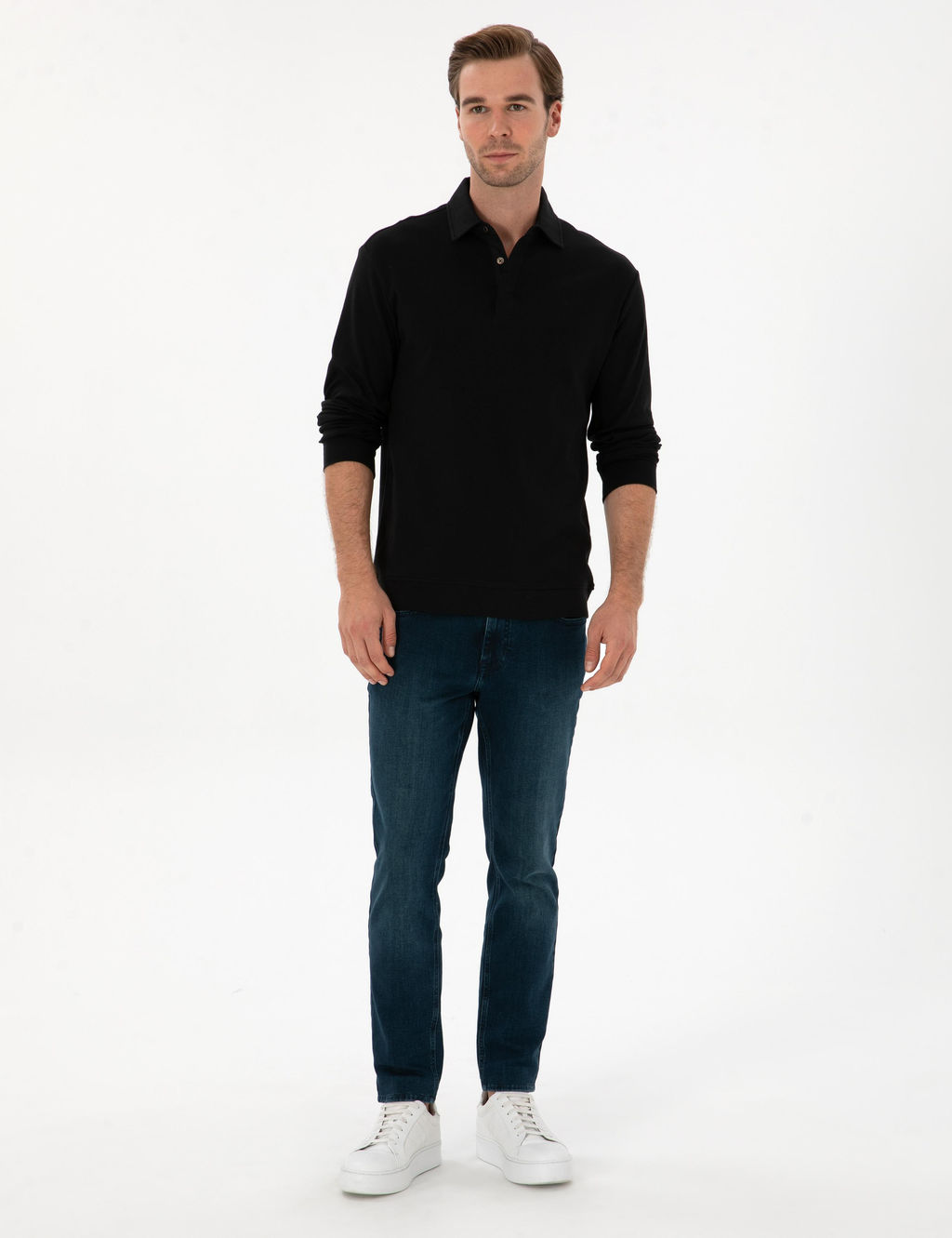 Siyah Regular Fit Ka_mir Kar___ml_ Polo Yaka Sweatshirt