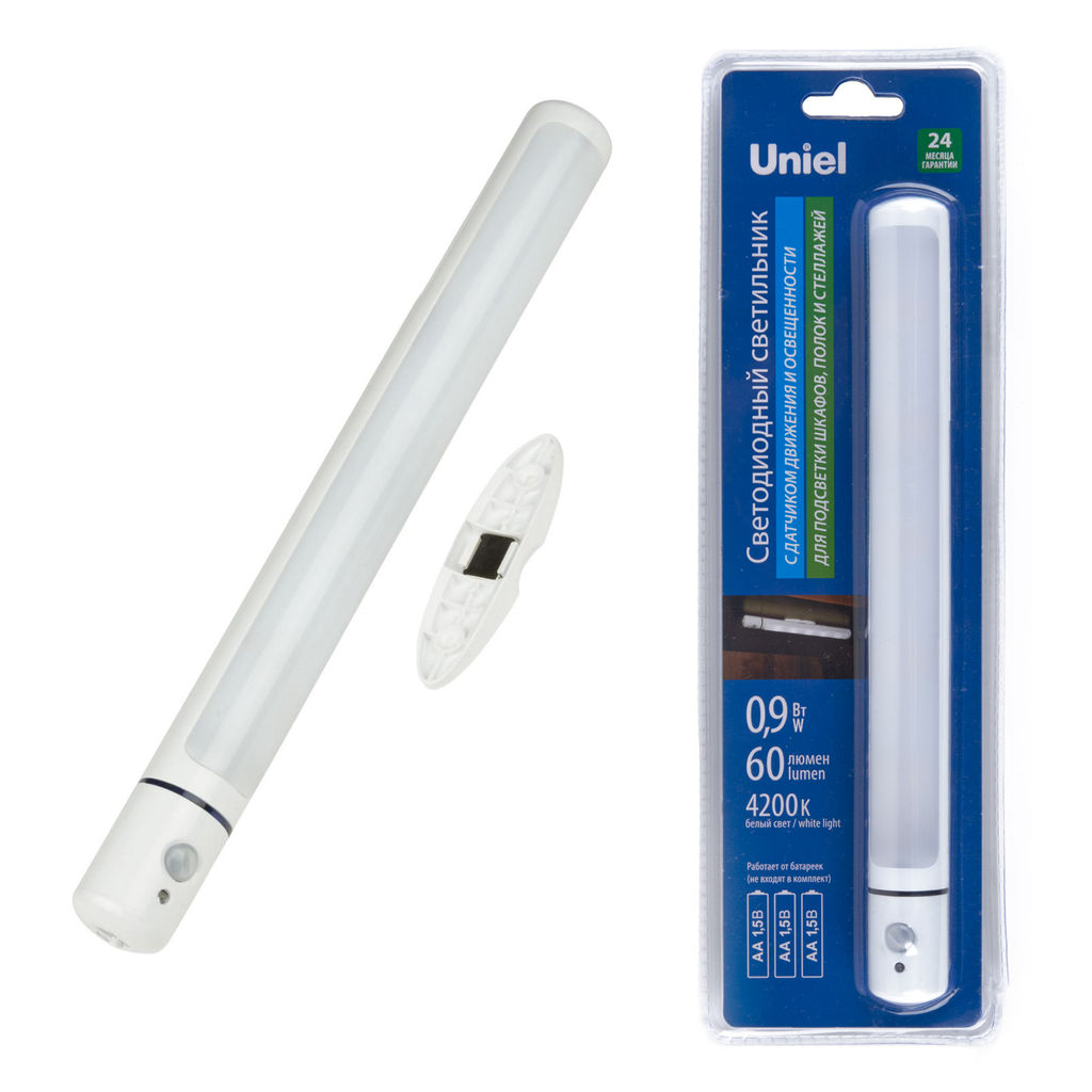 ULM-F43-0,9W/4200K SENSOR IP20 WHITE Светильник светодиодный для внутренней подсветки мебели с датчиком движения. Питание 3АА (не в/к). 60Lm. Белый. ТМ Uniel