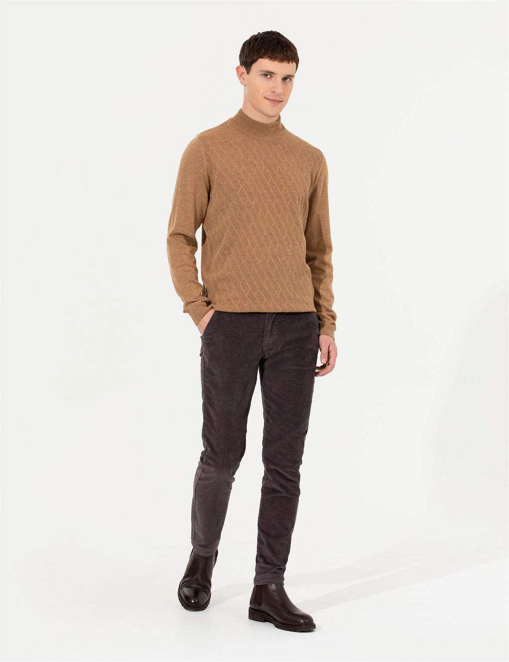 Camel Melanj Slim Fit Yar_m Bal_k__ Yaka Triko Kazak