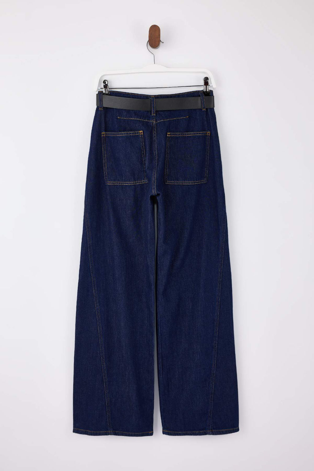 Koyu Mavi DOKUMLU Kemerli %100 Pamuk Yuksek Bel Wide Leg Jeans TWOSS26JE00076 - Trendyolmilla фото 2