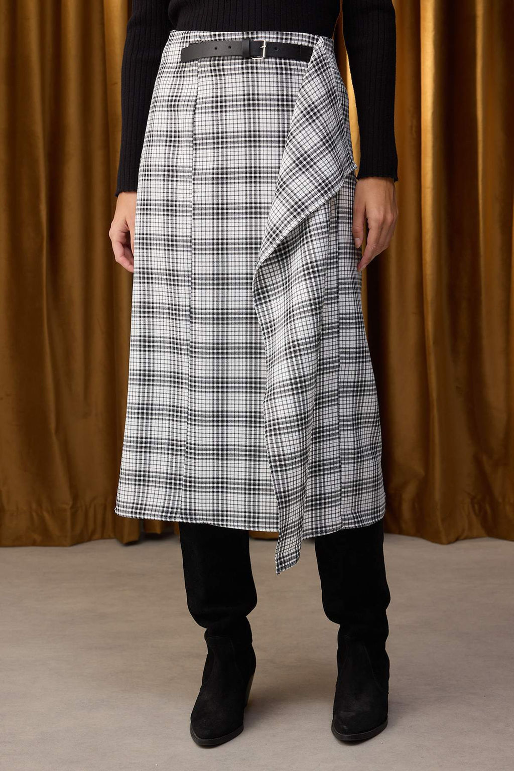 Siyah Ekoseli Midi Kemer Detayl? Etek TWOAW26ET00071 - Trendyolmilla фото 3