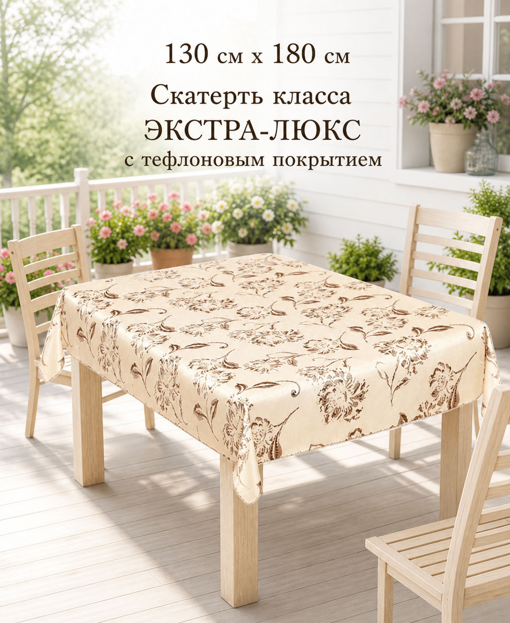 Скатерть арт. 12988/1/120, ПИОН, прямоугольная, 120 см х 160 см, ТЕФЛОН, бежевый фон, коричневый рисунок, - Firanka фото 2