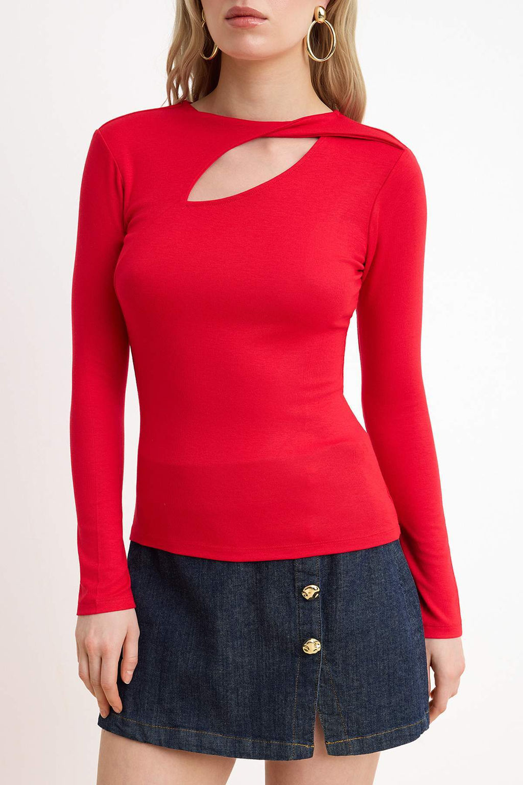 K?rm?z? Duz Fitted Bisiklet Yaka Standart Kol Uzun Premium Yumusak Orme Bluz TWOSS26BZ00247