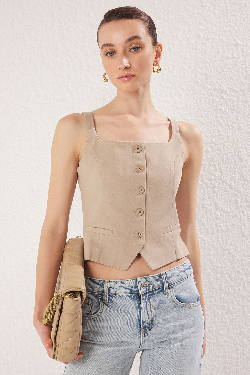 Trendyolmilla Vizon Slim Dokuma Yelek TWOSS25YE00076