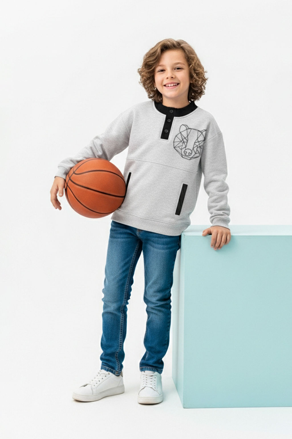Gri Erkek Cocuk Renk Bloklu Orme Sweatshirt TKDAW25SW00132 - Trendyolmilla фото 4