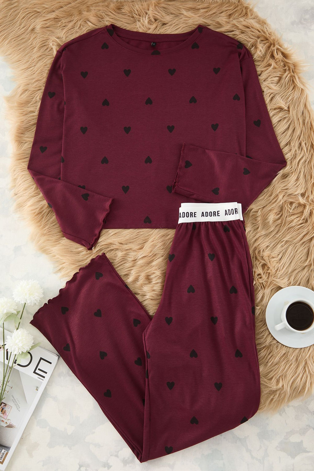 Trendyolmilla Bordo Kalpli Slogan Bask?l? Lastikli Orme Pijama Tak?m? THMAW25PT00045 фото 6