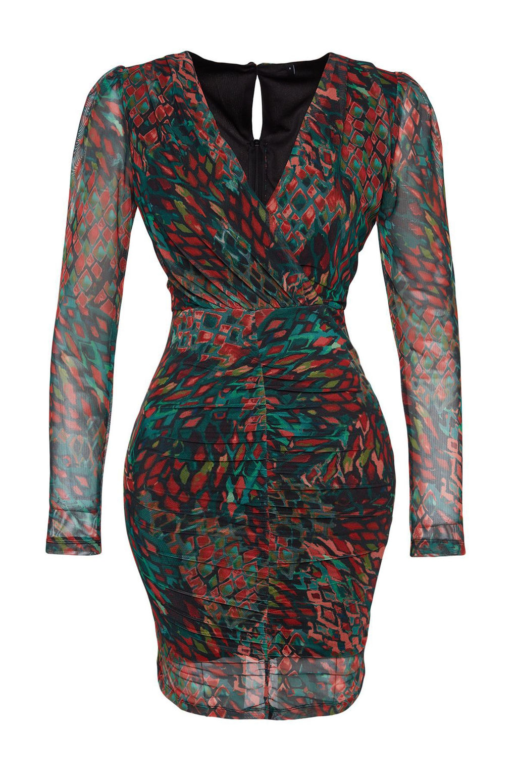 TRENDYOLMILLA Siyah Bask?l? Tul Buzgu/Drape Detayl? Vucuda Oturan V Yaka Mini Orme Kalem Elbise TWOAW24EL00548  фото 8