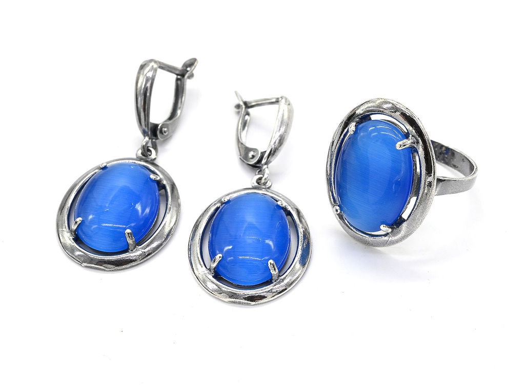 Кольцо Серьги с кошачьим глазом, цв.синий размер 19