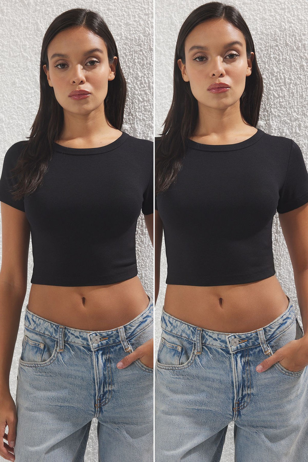 Siyah-Siyah Crop 2li Paket Slim/Vucuda Oturan Orme Bluz TWOSS23BZ00108