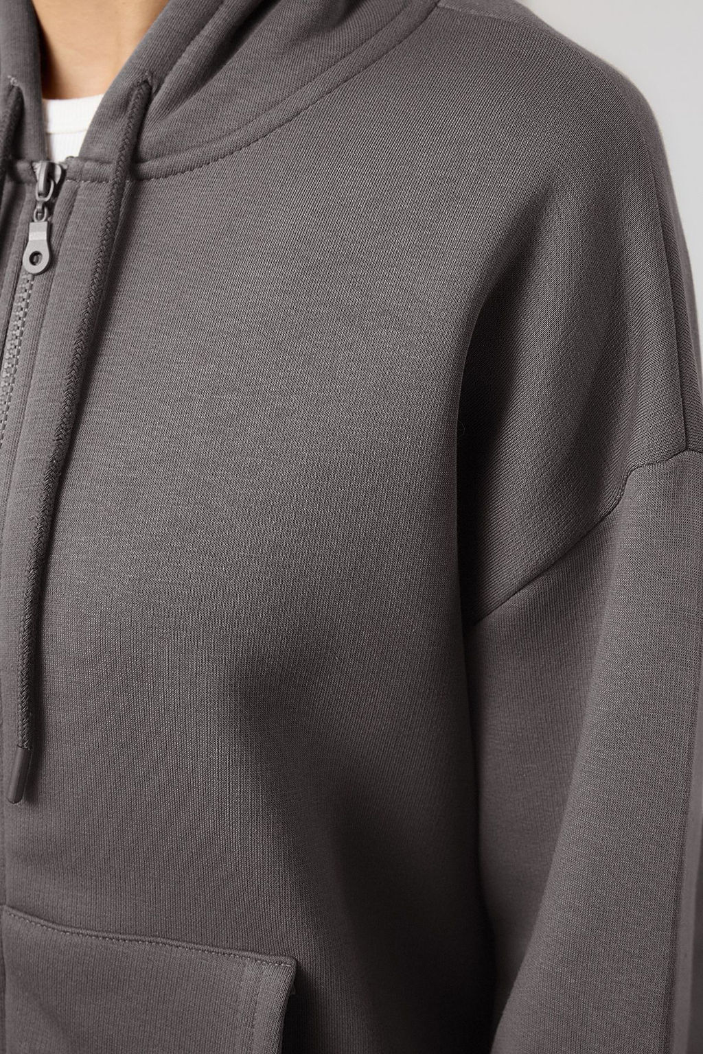 Antrasit Oversize/Rahat Kesim Basic Kapusonlu Fermuarl? Kal?n Ici Polarl