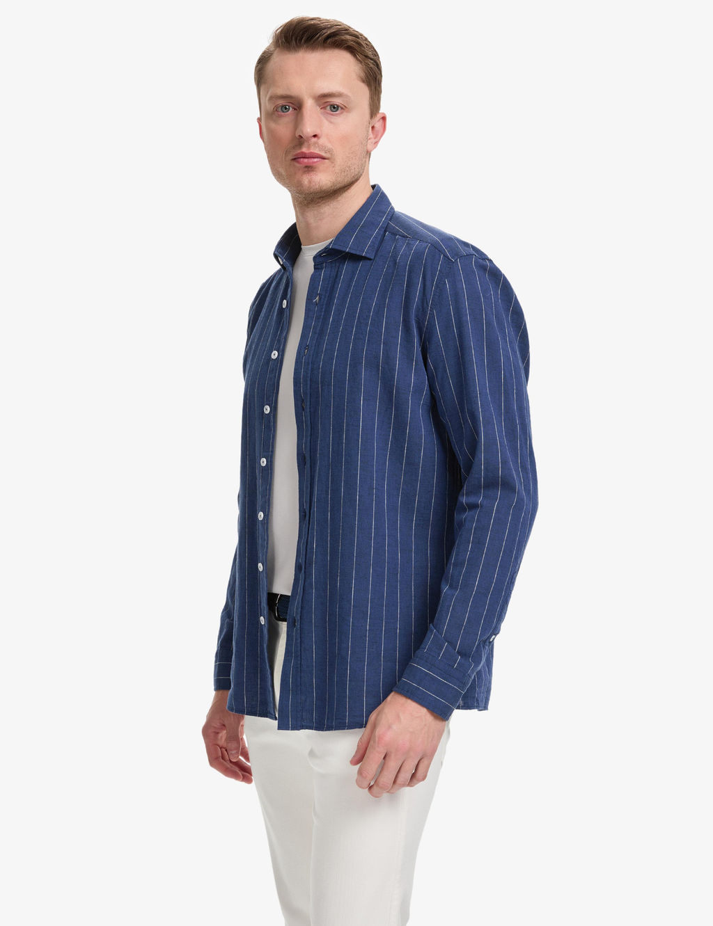 Lacivert Keten Kar___ml_ Regular Fit Uzun Kollu G_mlek
