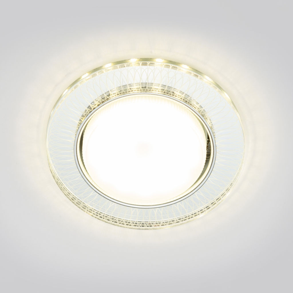 DLS-L155 GX53 GLASSY/CLEAR 3D Светильник декоративный встраиваемый, серия Luciole. Без лампы, цоколь GU5.3. Доп. светодиодная подсветка 4Вт. Металл/стекло. Зеркальный/Прозрачный, эффект 3D. ТМ Fametto