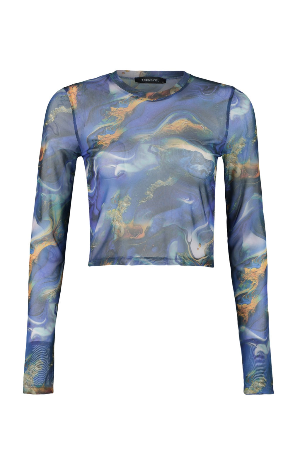 Trendyolmilla Pembe Bask?l? Tul Fitted/Vucuda Oturan Crop Esnek Orme Bluz TWOAW24BZ00030