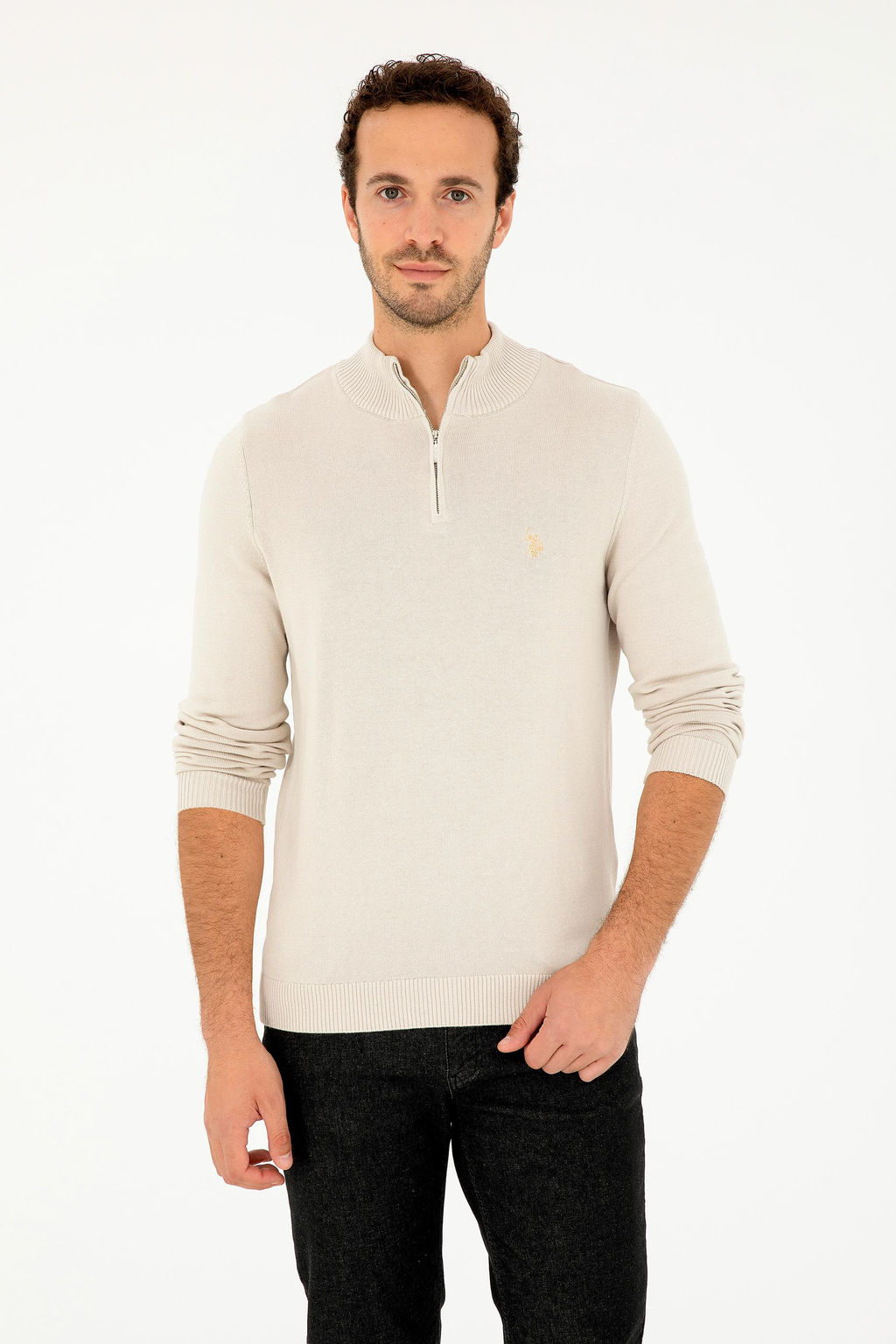 Erkek Slim Fit Yar_m Fermuarl_ Ta_ Basic Kazak