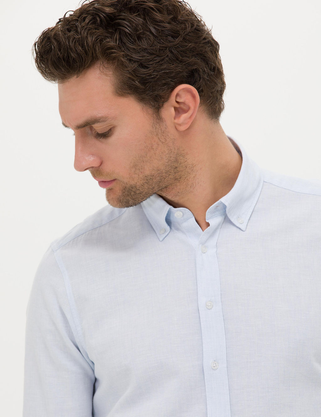 A__k Mavi Keten Kar___ml_ Slim Fit Uzun Kollu G_mlek - Cacharel фото 2