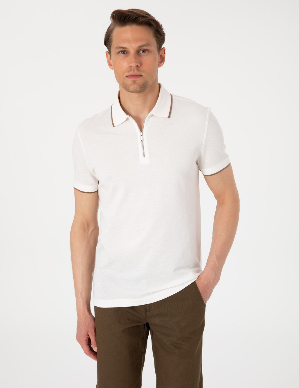 Ekru Slim Fit Polo Yaka Ti__rt
