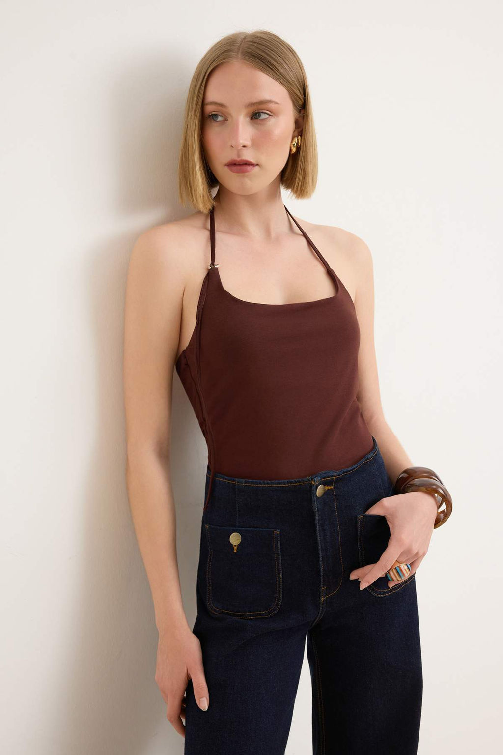 Ekru Duz Fitted Halter Yaka Ince Ask?l? Kolsuz Pamuklu Esnek Orme Atlet TWOSS26AL00067 - Trendyolmilla фото 5