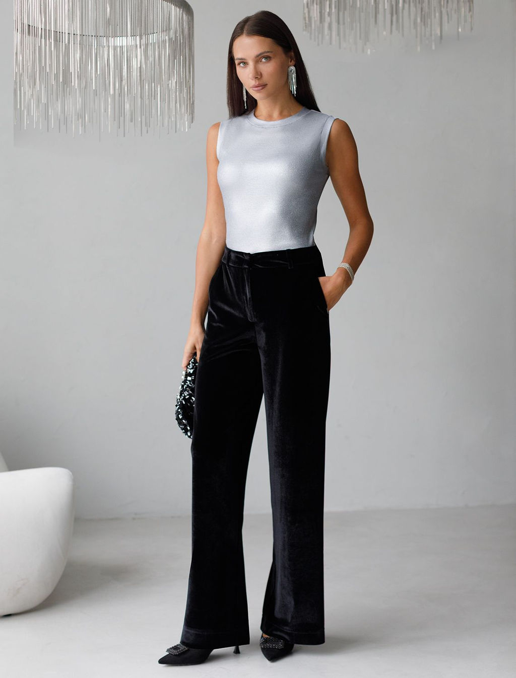 Топ с закрытым декольте из хлопка с эластаном в рубчик с матовым покрытием металлик - Vilatte фото 4