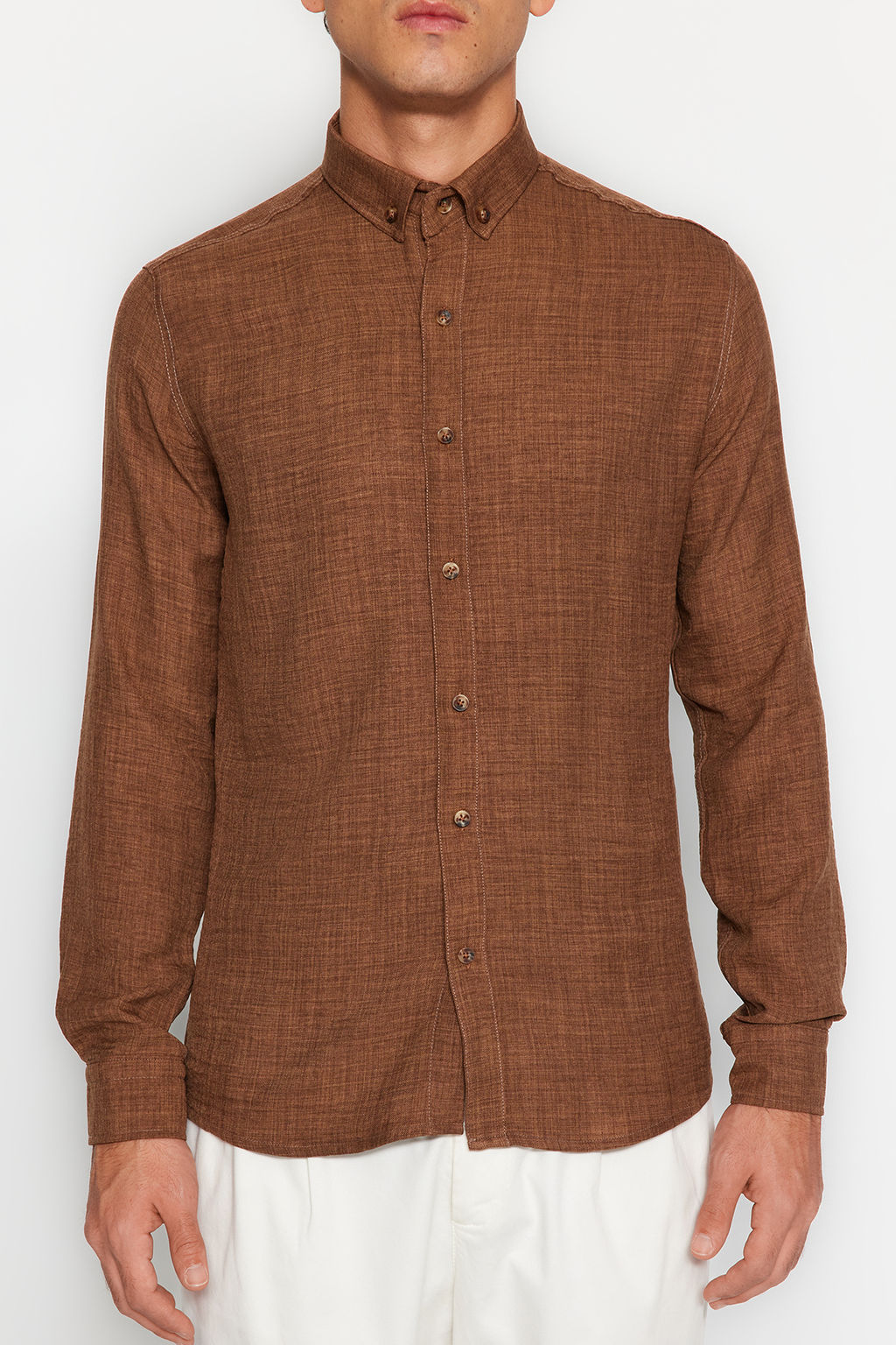 Kahverengi Slim Fit Keten Gorunumlu Gomlek TMNAW24GO00093 - Trendyolmilla фото 4