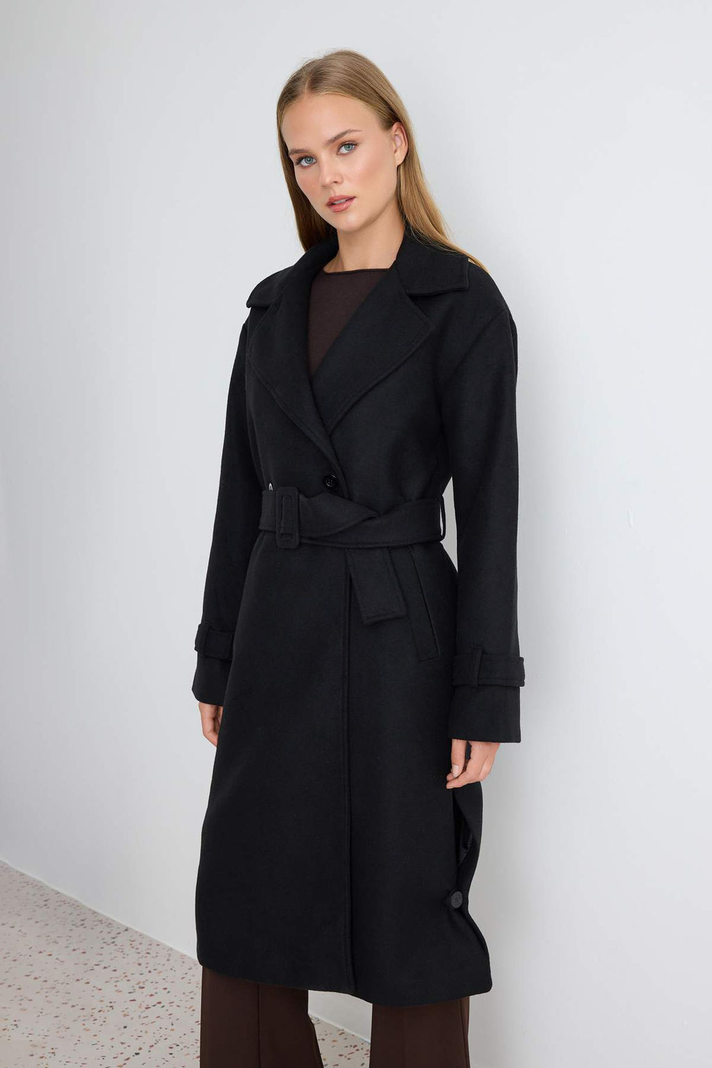 Siyah Oversize Geni_ Kesim Kemerli Uzun Y_nl_ Ka_e Kaban TWOAW22KB0015 - Trendyolmilla фото 8