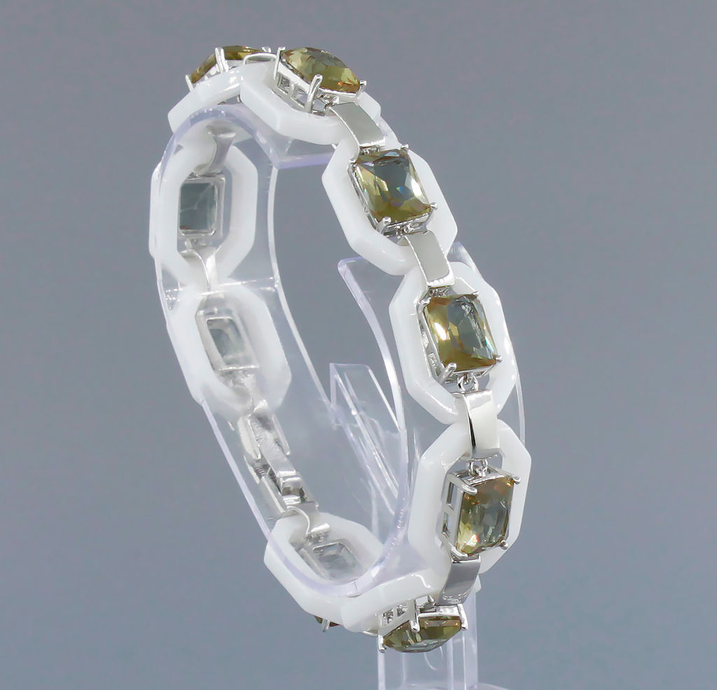 Браслет Октагон из белой керамики с Султанитом, покрытие родий, длина 18см - Agat77 фото 2