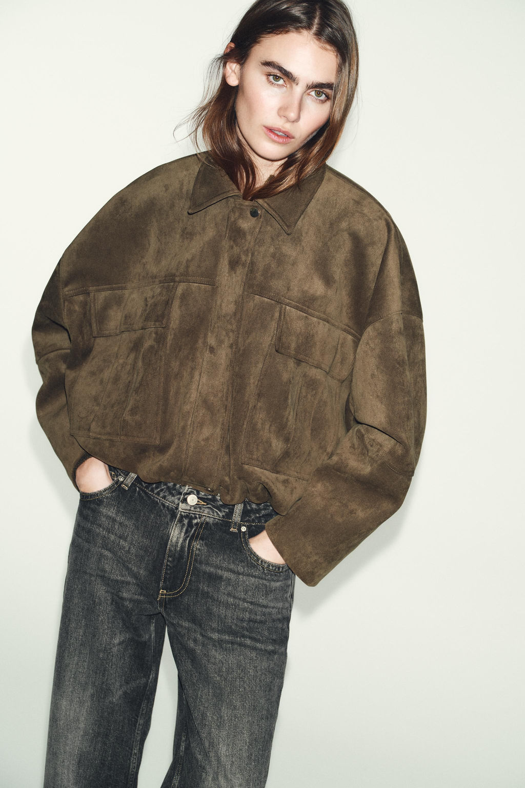 OVERSIZE FAUX SUEDE BOMBER JACKET WITH HOODIE - Zara фото 13