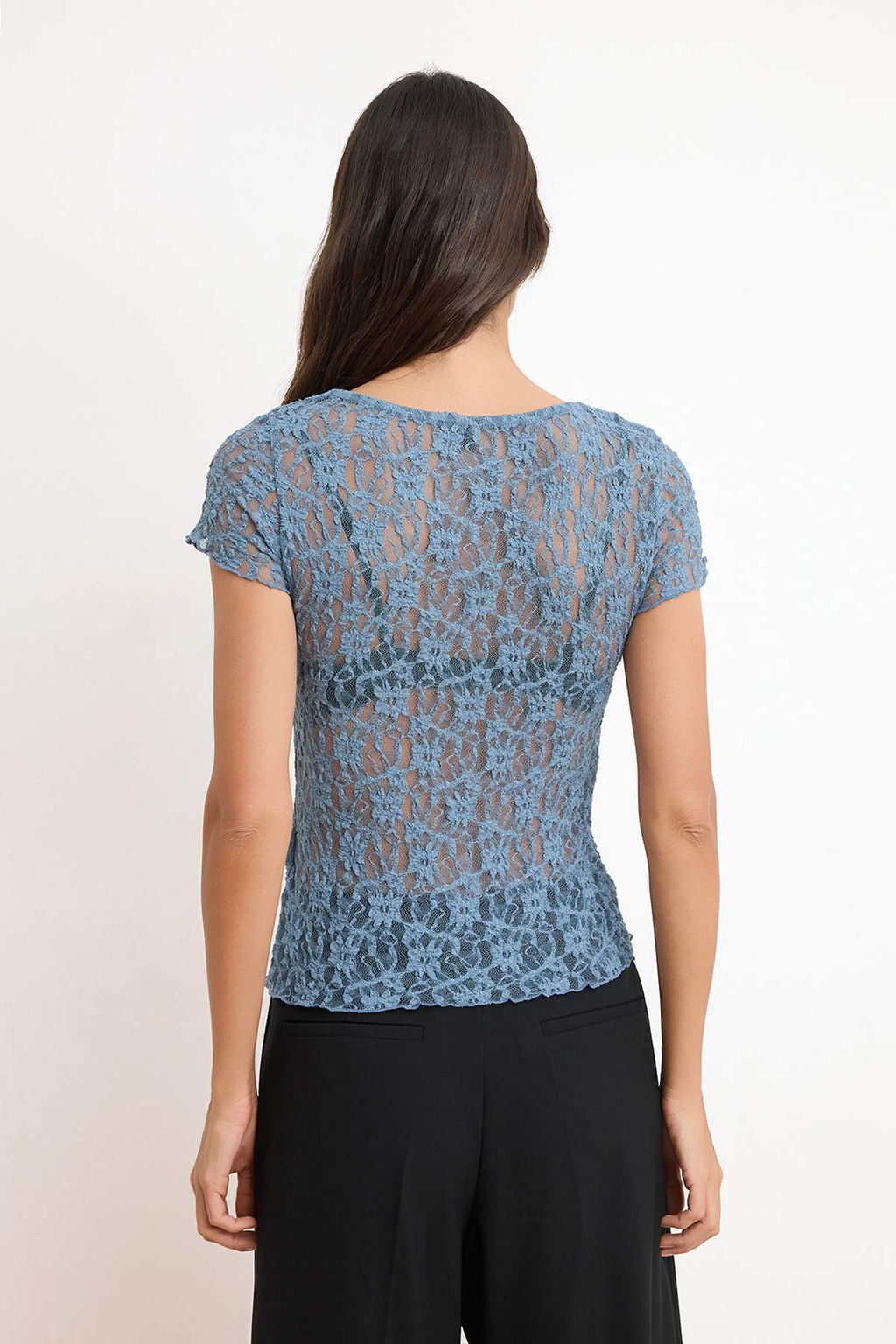 Petrol Fitted/Vucuda Oturan V Yaka Buzgulu/F?rf?rl? Kol K?sa Kollu Dantel Orme Bluz TWOSS26BZ00358 - Trendyolmilla фото 4