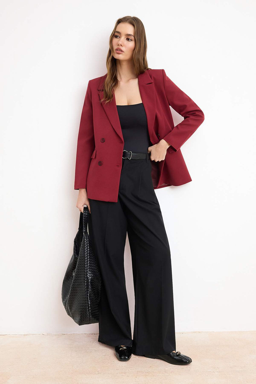 Bordo Regular Astarl? Kruvaze Kapama Dokuma Blazer Ceket TWOAW21CE0264