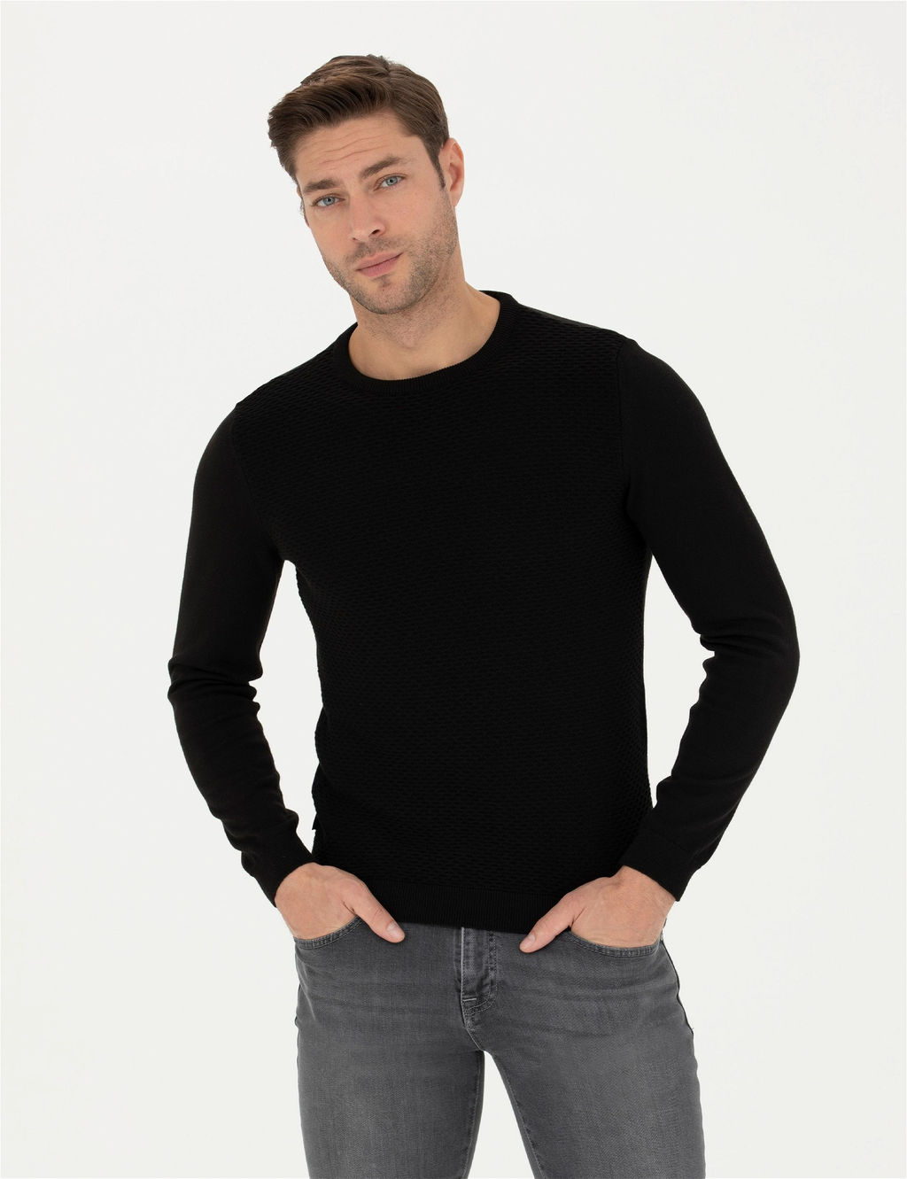 Siyah Slim Fit Bisiklet Yaka Triko Kazak