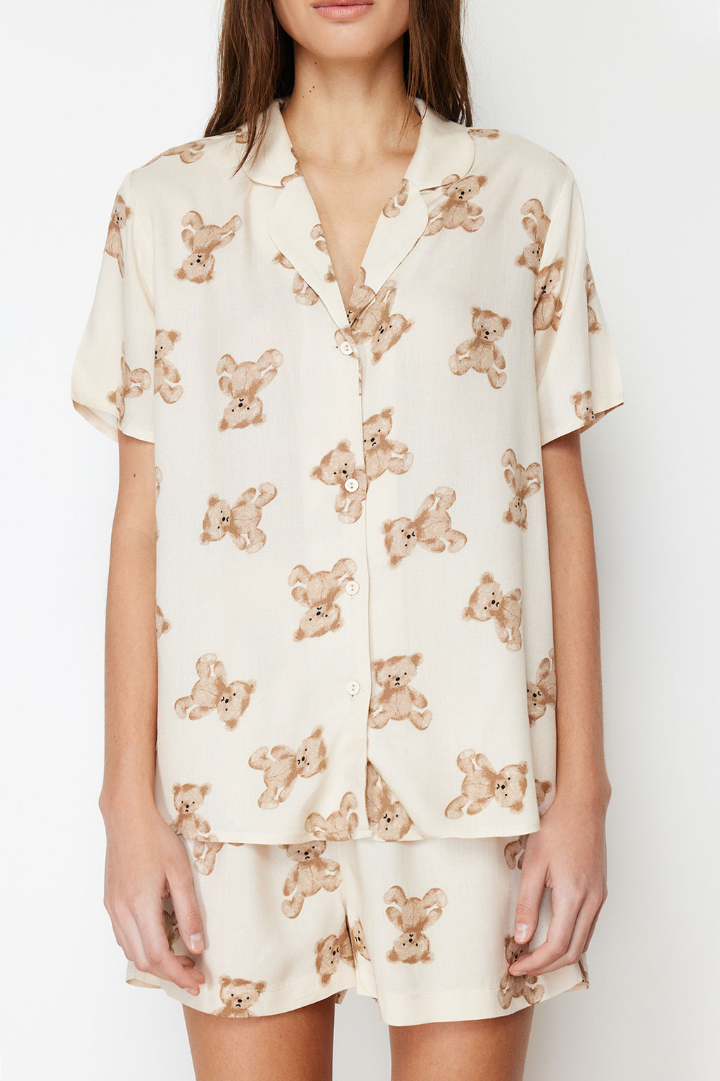 Trendyolmilla Bej Ay?c?kl? Viskon Sortlu Dokuma Pijama Tak?m? THMSS24PT00067  фото 9