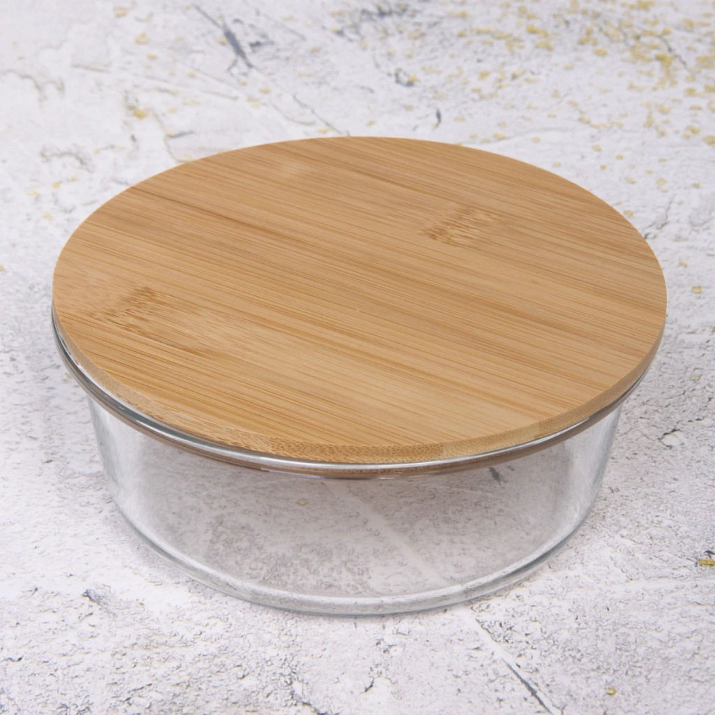 Контейнер стеклянный 900мл "Хай-Тек" круглый с бамбуковой крышкой