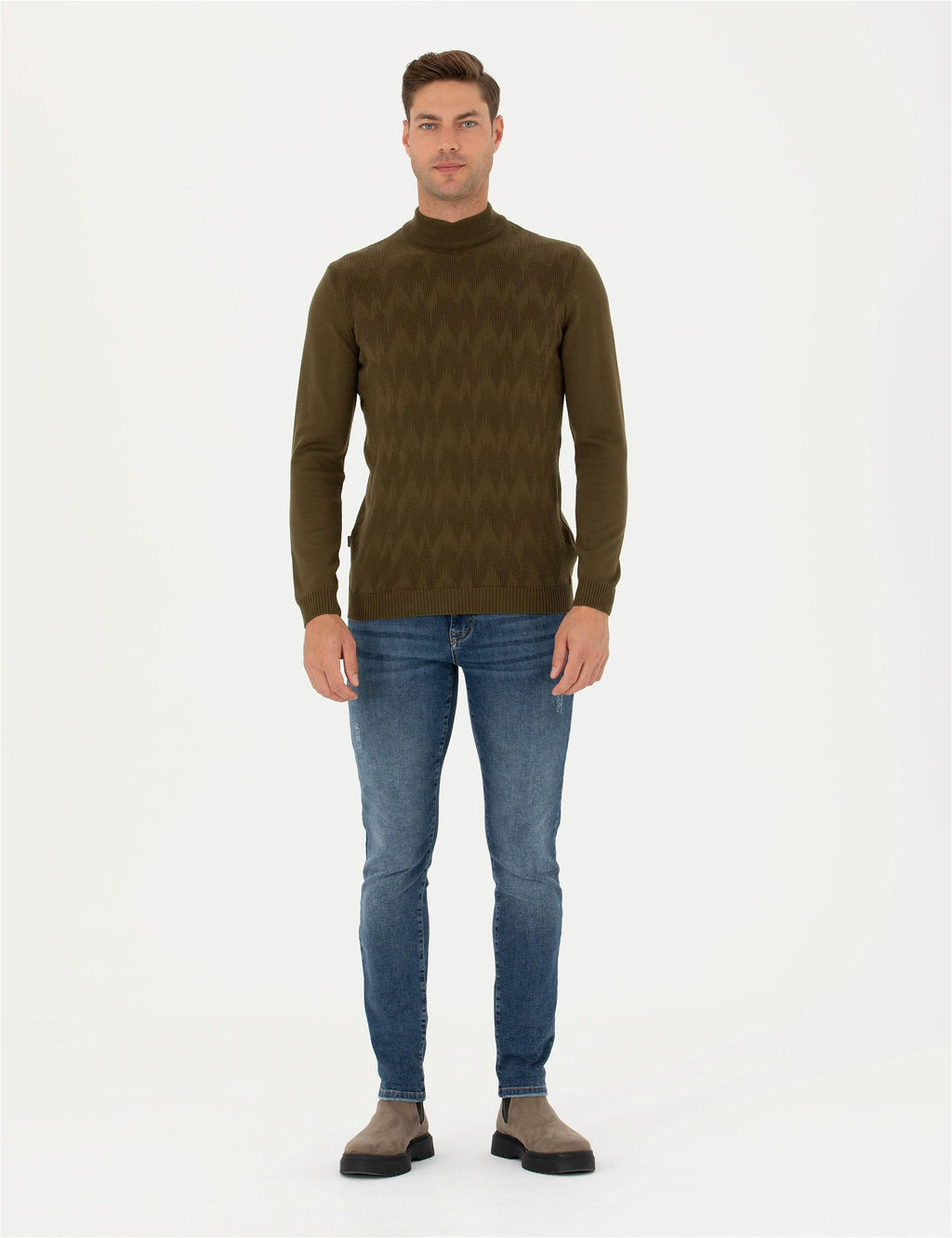 Haki Slim Fit Yar_m Bal_k__ Yaka Triko Kazak - Pierre cardin фото 4