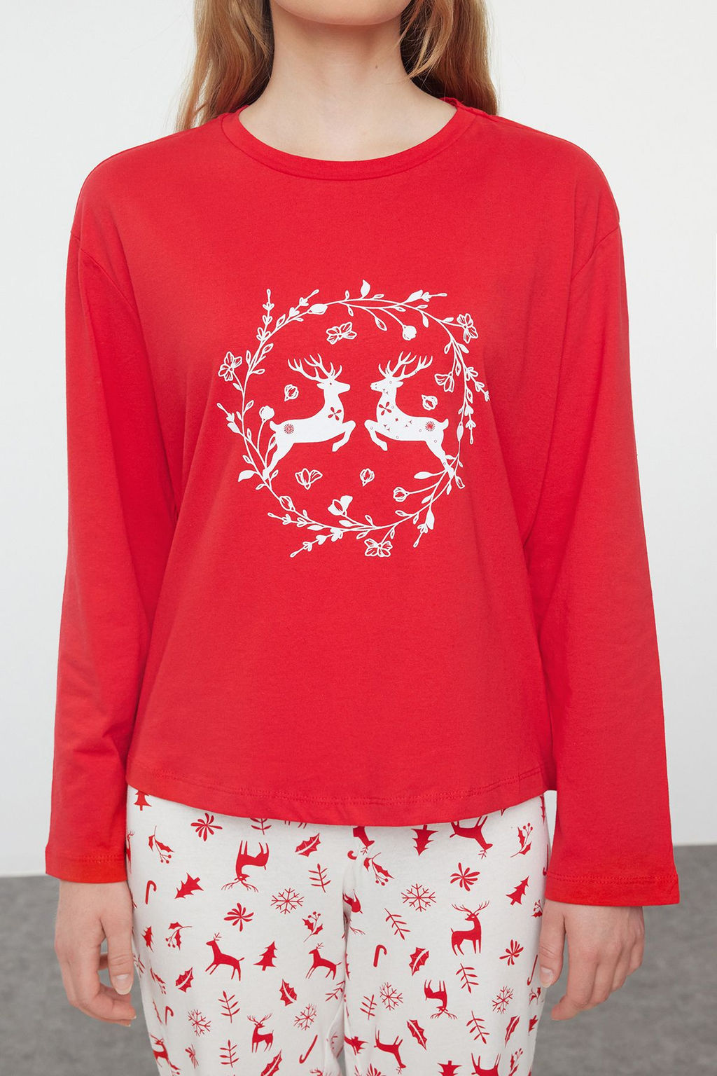 K?rm?z? %100 Pamuklu Y?lbas? Temal? Orme Pijama Tak?m? THMAW25PT00117