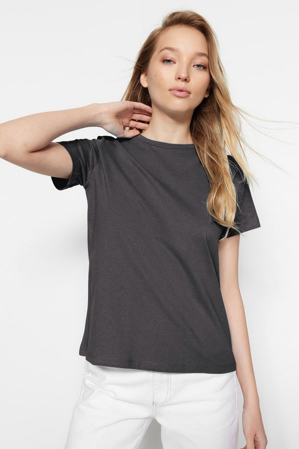 Antrasit-Sar? Basic %100 Pamuk Bisiklet Yaka 2li Paket Orme T-Shirt TWOSS20TS0141