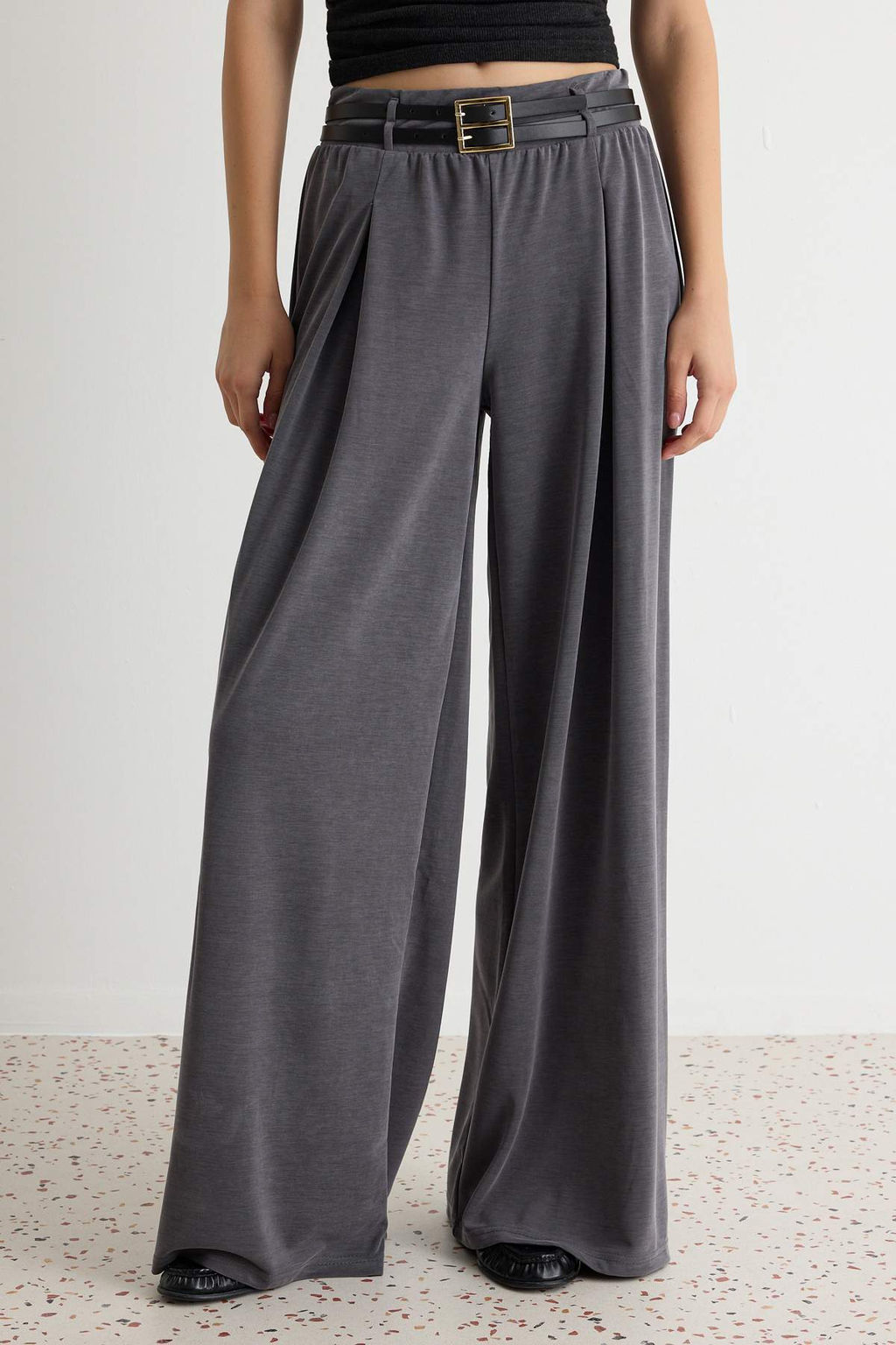Antrasit D_z Wide Leg/Geni_ Pa_a _ift Kemerli Uzun Modal Kuma_ _rme Pantolon TWOAW27PL00018 - Trendyolmilla фото 3