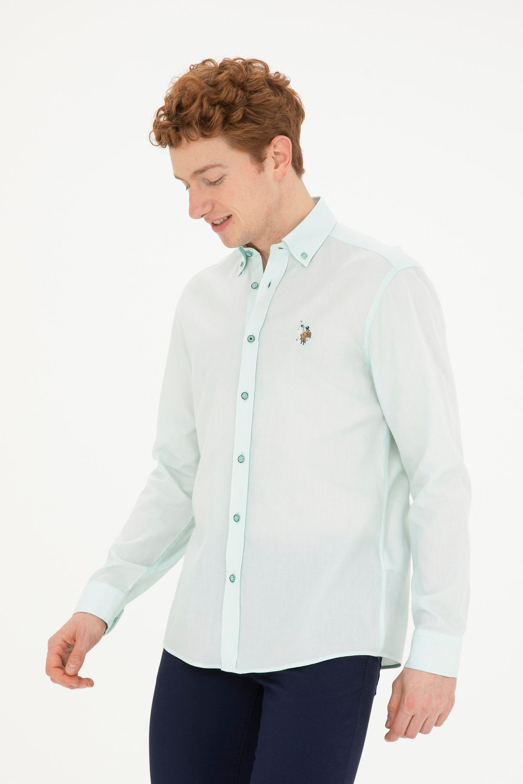 Мужская базовая рубашка зеленого цвета с длинным рукавом - U.s. polo assn фото 3