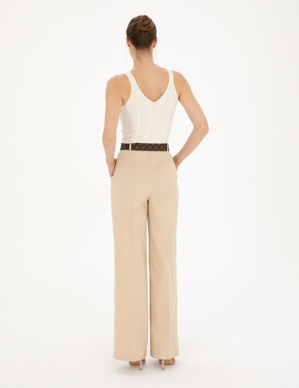 Bej Y_ksek Bel Straight Fit Pantolon